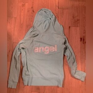 Victoria Secret hoodie teal sparkle angel writing on back xs